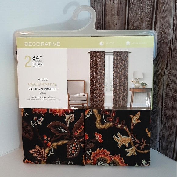 *Arruda 40" x 84" Floral Curtains Rod Pocket 2 Panels Black Orange - Picture 1 of 13